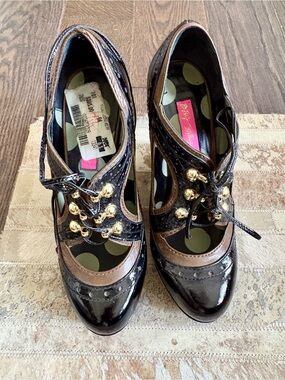 Betsey Johnson Black and Brown Patent Leather Mary Jane Heels with Gold Accents